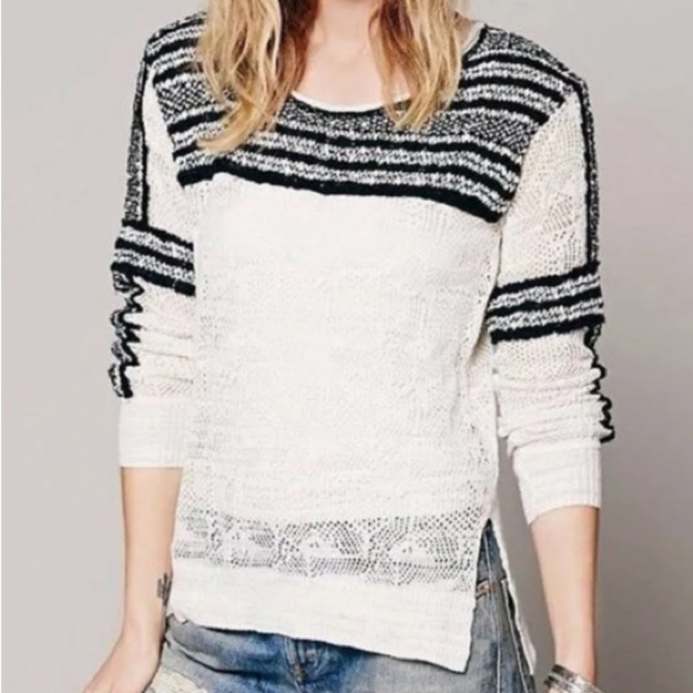 Free People Miles Away Swit Linen Cotton Blend Eyelet Long Sleeve Sweater